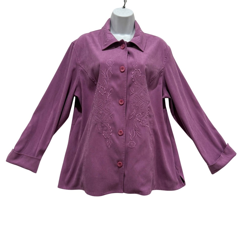 Purple Embroidered Faux Suede Jacket Floral Business Casual Office Grandmacore